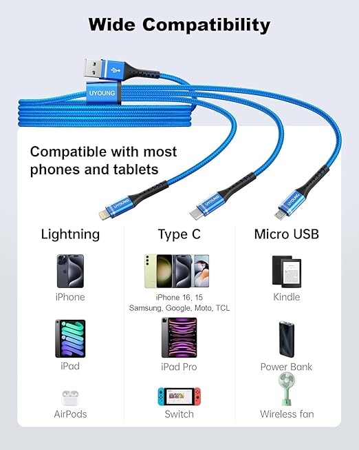 Short Multi Charging Cable 1FT 2Pack 3 in 1 Charger Cord Braided Universal Phone Cords with Lightning/Type C/Micro USB Connectors, Multiple USB Cable for iPhone/Samsung/Google Phones and More