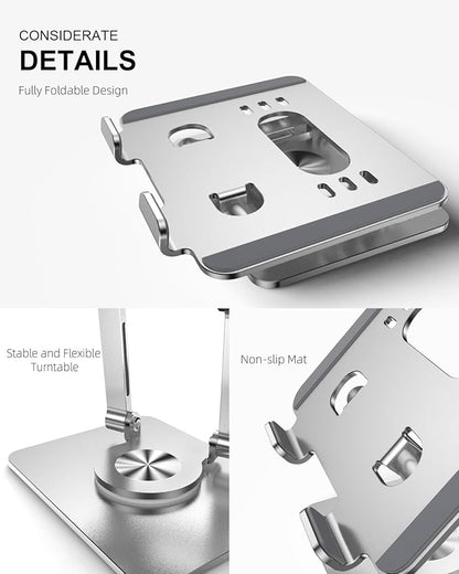 Tablet Stand Holder with Thickened 360°Rotating Base Dual Rod Adjustable Aluminum Stand for All 5.8-12.9” iPad Samsung Phone Tablet Kindle E-Reader and More, Silver