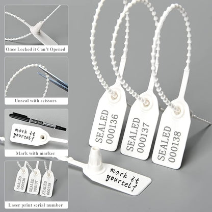1000 Numbered Plastic Tamper Seals, Zip Ties for Fire Extinguishers Pull Tite Security Tags Disposable Self-Locking Signage - Label Tie 250mm Length (1000 PCS, White)