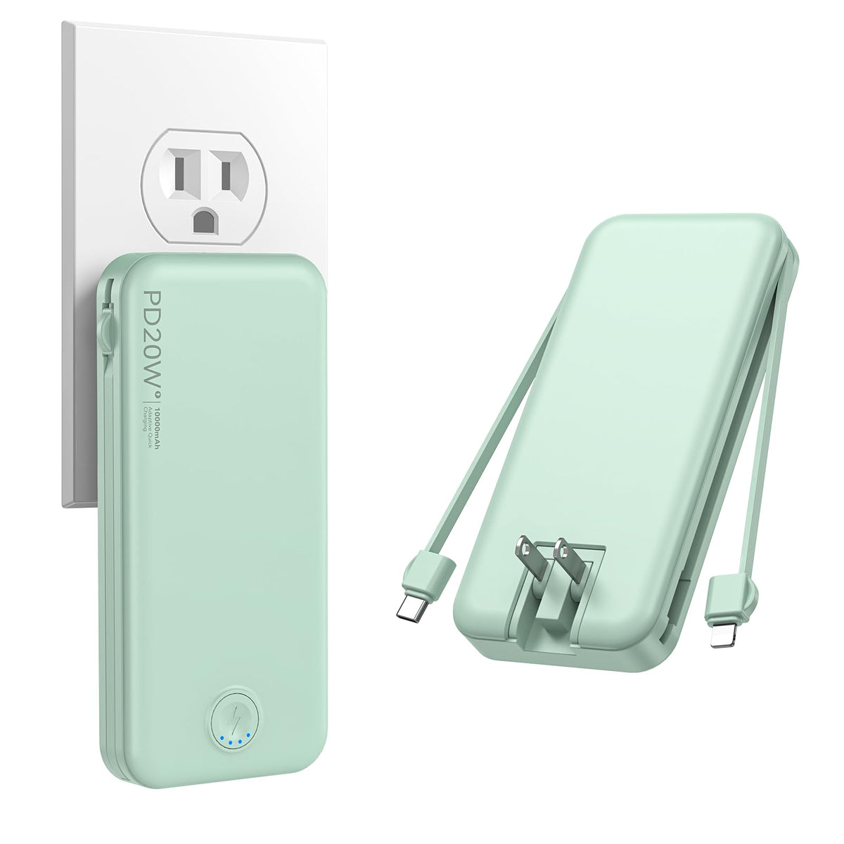 Nusyddy Portable Charger 10000mAh Fast Charging w/Built-in Wall Plug White