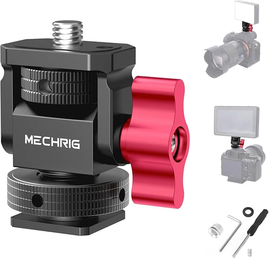 Mechrig Mini Camera Monitor Mount with Cold Shoe, Aluminum Field Monitor Mount with 1/4″ Screw for LED Light Mic Cage, Cold Shoe Adapter 360° Swivel & 180° Tilt Damping (with Knob 63142)