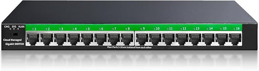STEAMEMO 16-Port Gigabit Managed Switch | Web Smart Ethernet Switch with VLAN & QoS | Fanless Metal Housing | Desktop/Wall Mount | Enterprise Network Switch for Small Business, Home Office