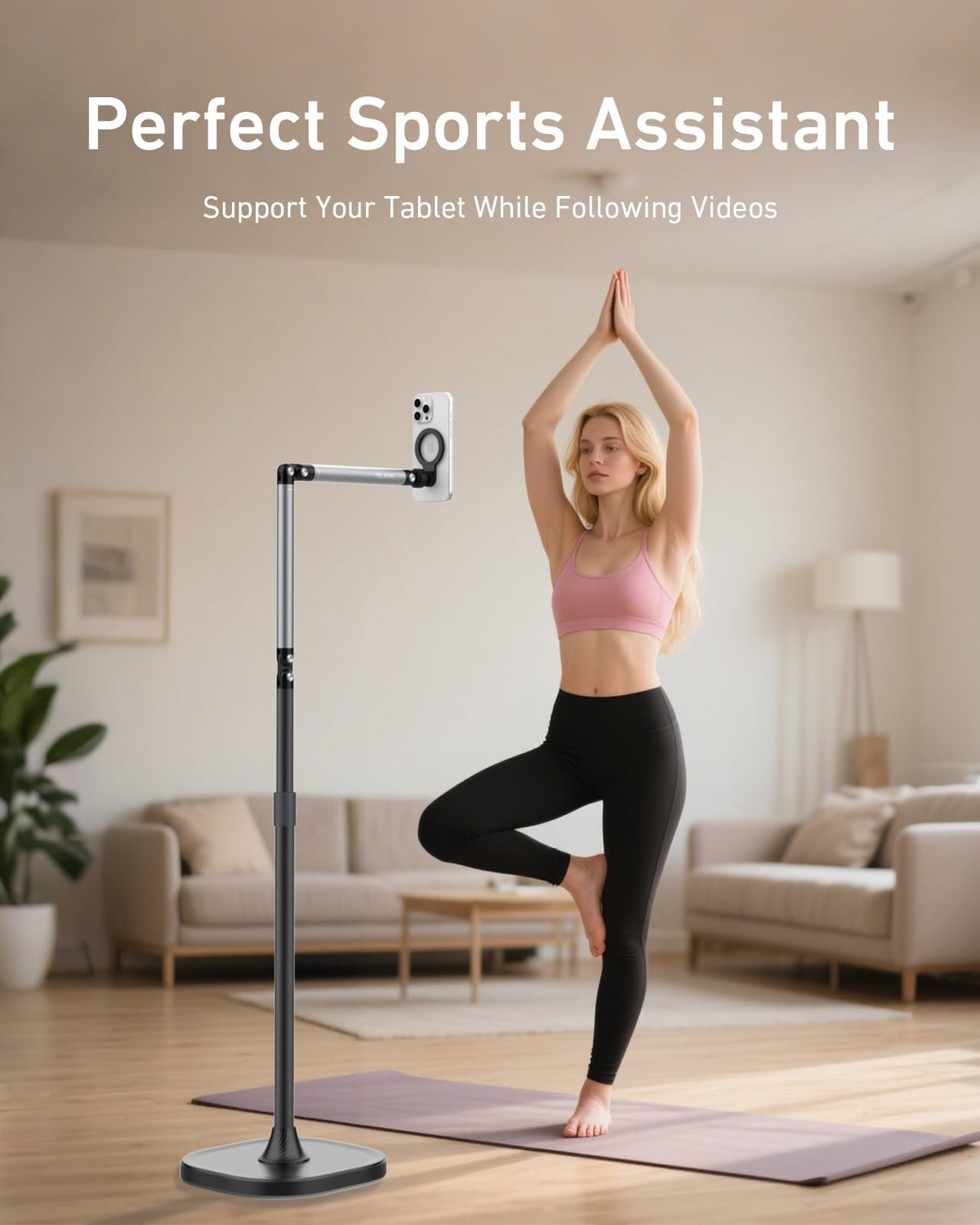 TELESIN° Magnetic Phone Tablet Floor Stand, Aluminum Alloy Phone Holder Stand for Video Recording, Overhead Bed/Sofa Phone Mount Height Adjustable Ultra Stable Base for Magsafe/iPhone/Android/iPad