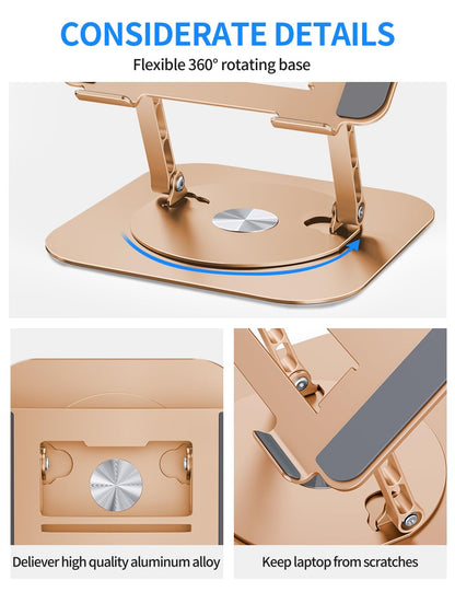 AOEVI Adjustable Laptop Stand with 360 Rotating Base, Computer Stand for Laptop Ergonimic Foldable Laptop Riser for Desk Compatible with MacBook Pro/Air Notebook up to 16 Inches, Gold
