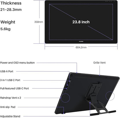 HUION Kamvas 24 Plus 2.5K QHD Graphic Drawing Tablet with Screen, 140%sRGB Full-Laminated QD Drawing Monitor with Battery-Free Stylus 8192 Pen Pressure Tilt for PC, Mac, Android, 23.8inch Pen Display
