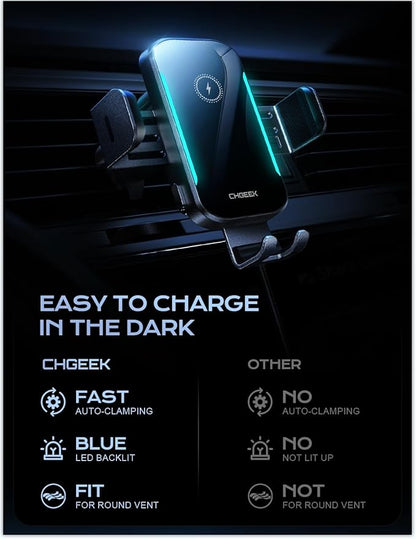 CHGeek Wireless Car Charger, 15W Fast Charging Car Phone Holder Charger Auto-Clamping Air Vent Car Phone Mount with Blue LED Backlit for iPhone 16 15 14 13 12, Samsung S24 S23 S22, etc