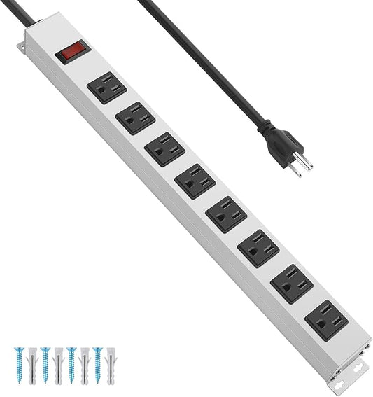 JUNNUJ Metal Long 8 Outlet Power Strip Surge Protector, White, 15 FT, 1
