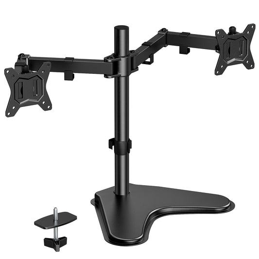 HUANUO 32 inches Dual Monitor Stand up to 17.6lbs per Arm, High-Grade Aluminum Free Standing Dual Monitors Mount for 2 Screens. Fully Adjustable Dual Monitor Stand for Desk with Tilt, Swivel, Rotation