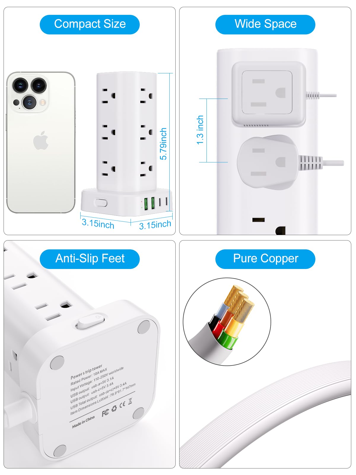 Power Strip Tower with Multiple Outlets, Flat Plug Surge Protector Tower Extension Cord with 12 AC Outlets 4 USB Ports (2 USB C), 10FT Cord Power Tower Surge Protector for Home Office Dorm Room, White