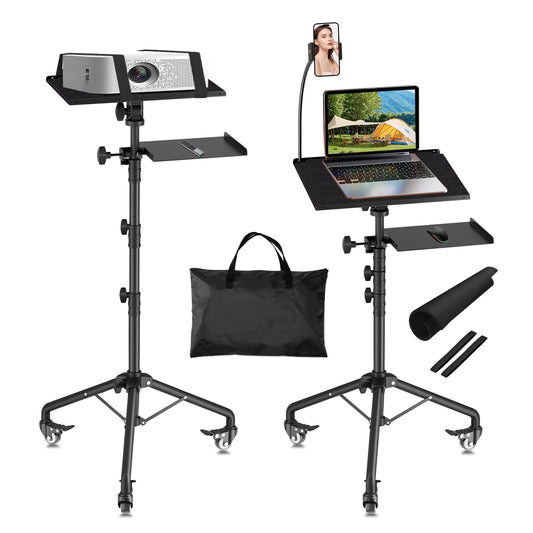 OUKMIC Projector Stand Tripod Laptop Tripod on Wheels with 2 Shelves