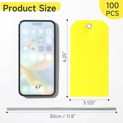 100 Pcs Waterproof Tags Writable Plastic Tags for Labeling Tag with Wire Tie Large Heavy Duty Tags Moving Tags Pipe Tags for Outdoors Car Garage Storage Box Equipment Parts (Yellow, 6 1/4" x 3 1/8")