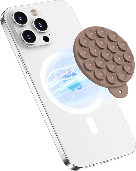 HSAOHD Magnetic Suction Cup Phone Mount with MagSafe, Silicone Hands-Free Grip Holder for iPhone Case and Android, Mirror Shower Phone Stand for Makeup FaceTime Gym Kitchen Bathroom, Light Brown
