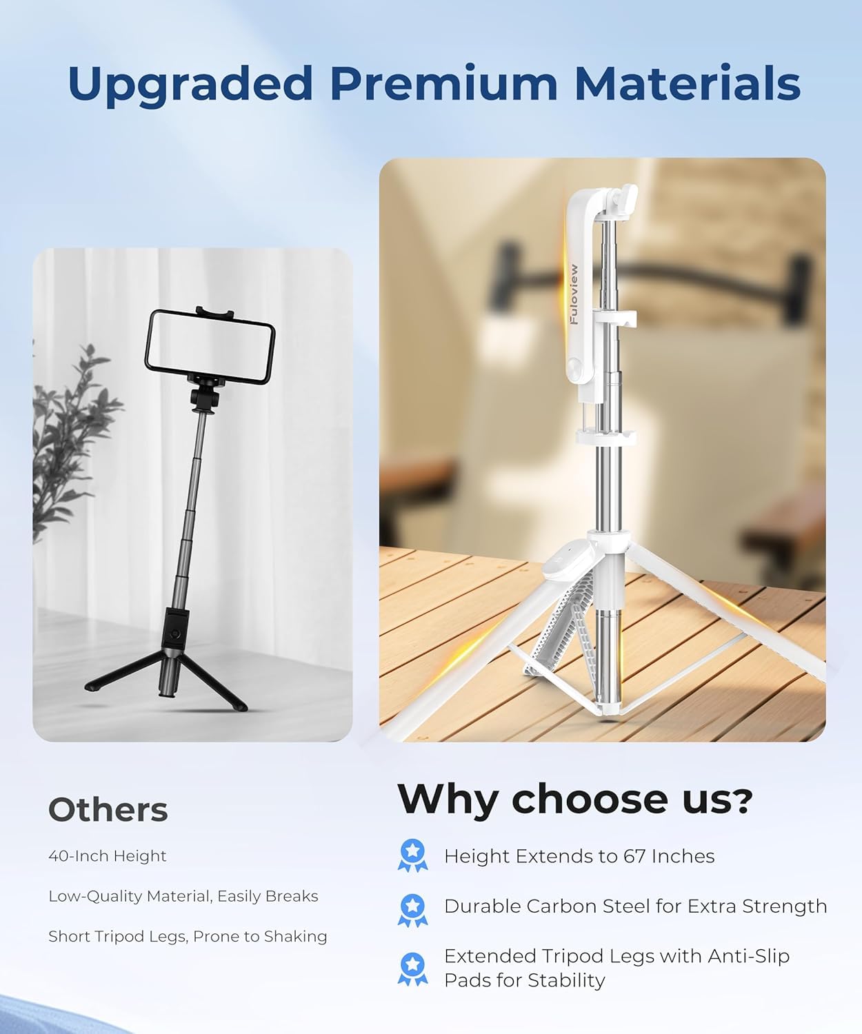 Fuloview 67‘’ Selfie Stick, Phone Tripod with Wireless Remote Control, Portable Selfie Stick Tripod for Photograph, Live Streaming, Video Recording, Compatible with All Cell Phones, White