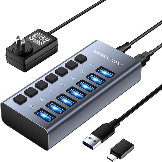 ACASIS Powered 7 Ports USB 3.2 Hub, 10Gbps Data Transfer, 24W Adapter