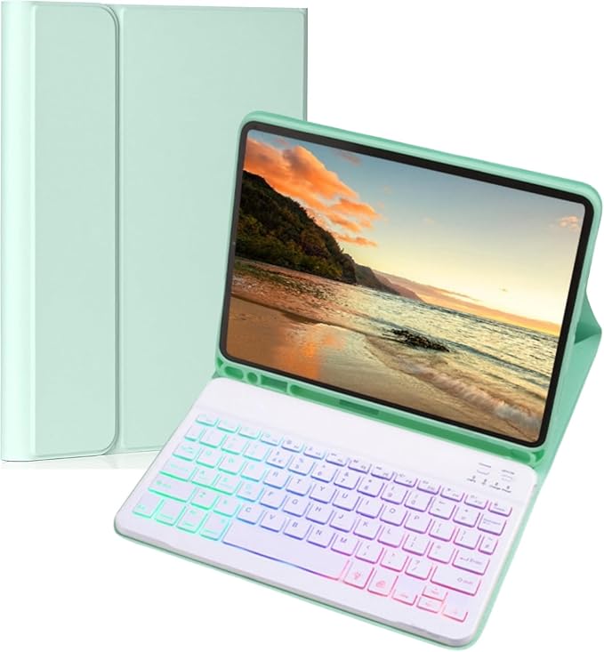 Keyboard Case for Galaxy Tab A8 10.5 Inch 2022, Slim Lightweight 7 Color Rainbow Backlight Detachable Magnetic Keyboard Cover with S Pen Holder,Mint Green