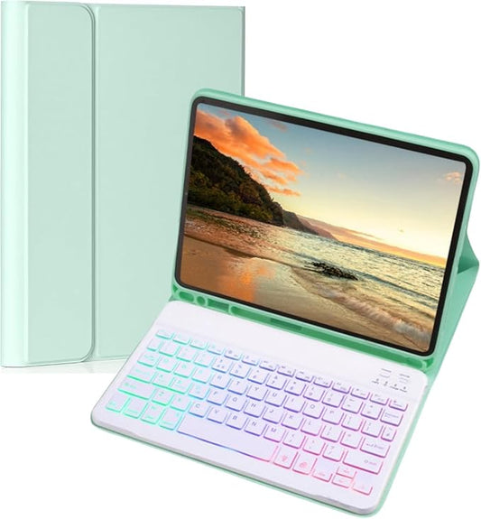Keyboard Case for Galaxy Tab A8 10.5 Inch 2022, Slim Lightweight 7 Color Rainbow Backlight Detachable Magnetic Keyboard Cover with S Pen Holder,Mint Green