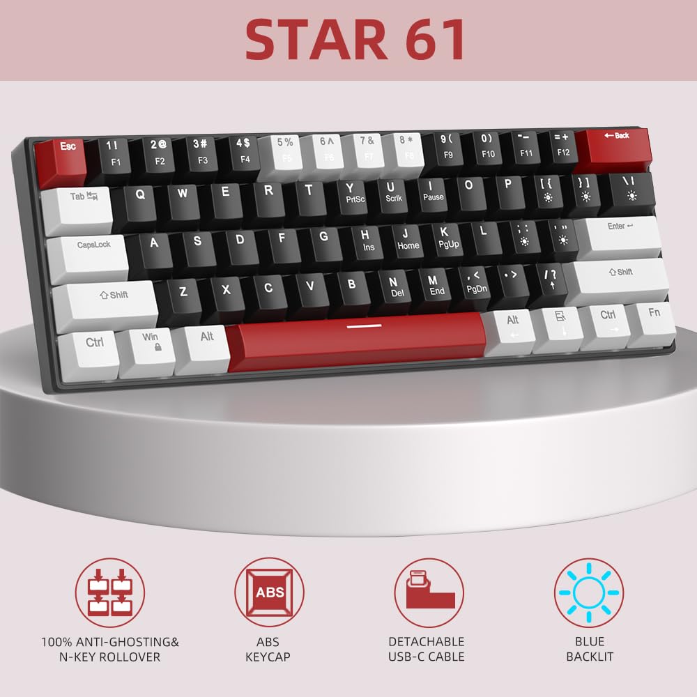 Camiysn 60% Mechanical Gaming Keyboard,Mixed Color Keycaps Gaming Keyboard with Linear Red Switches, Detachable Type-C Cable Mini Keyboard with Blue LED Light for PC/Laptop