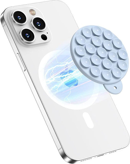 HSAOHD Magnetic Suction Cup Phone Mount with MagSafe, Silicone Hands-Free Grip Holder for iPhone Case and Android, Mirror Shower Phone Stand for Makeup FaceTime Gym Kitchen Bathroom, Baby Blue
