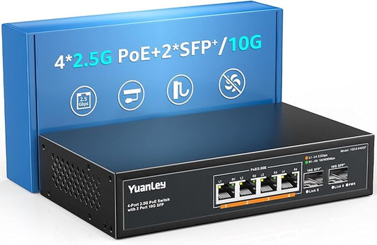 YuanLey 6 Port 2.5G PoE Switch Unmanaged, 4 x 2.5G Base-T PoE Ports, 2 x 10G SFP, IEEE802.3af/at, 78W, Compatible with 100/1000/2500Mbps, Metal Fanless, VLAN, Desktop/Wall Mount 2.5Gbe Network Switch