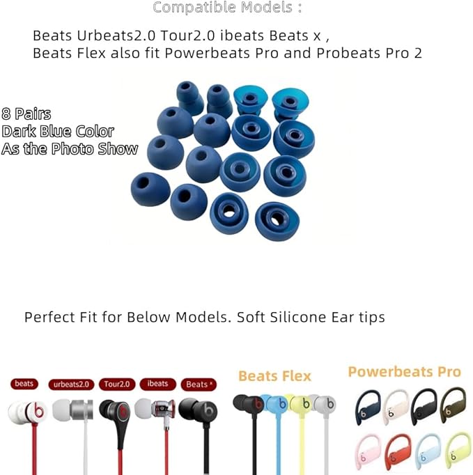 Replacement Ear Tips for Beats Urbeats2.0 Tour2.0 ibeats Beats x, Beats Flex Secure Fit for Powerbeats Pro Silicone Earbuds Washable Sweat-Resistant Noise Isolation 8 Pairs (Dark Blue)