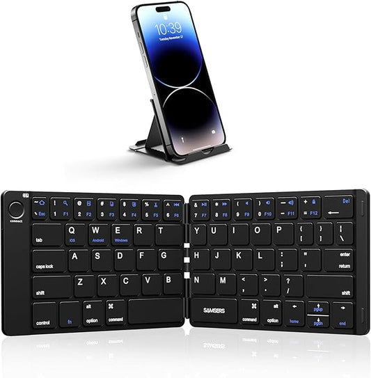 Samsers Foldable Bluetooth Keyboard - Portable Wireless Keyboard with Stand Holder, Rechargeable Full Size Ultra Slim Folding for iOS Android Windows Smartphone Tablet and Laptop, Black