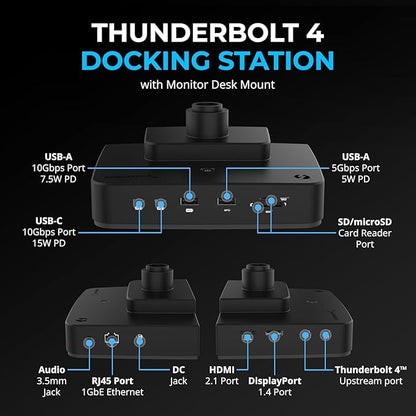 SABRENT Thunderbolt 4 Docking Station with Monitor Desk Mount, Gas-Lift Arm, 4 USB Ports, UHS-II Card Reader, Gigabit Ethernet, HDMI, DisplayPort, 8K/4K, VESA Mount for Monitors up to 32” (DS-T4WA)