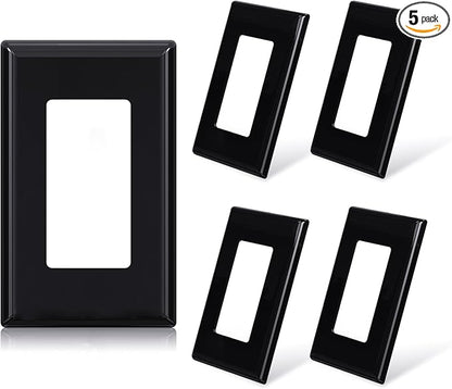 ELEGRP 1-Gang Screwless Decorative Wall Plates, Standard Size Unbreakable Thermoplastic Faceplate Cover for Decorator Receptacle Outlet Switch, UL Listed (5 Pack, Glossy Black)