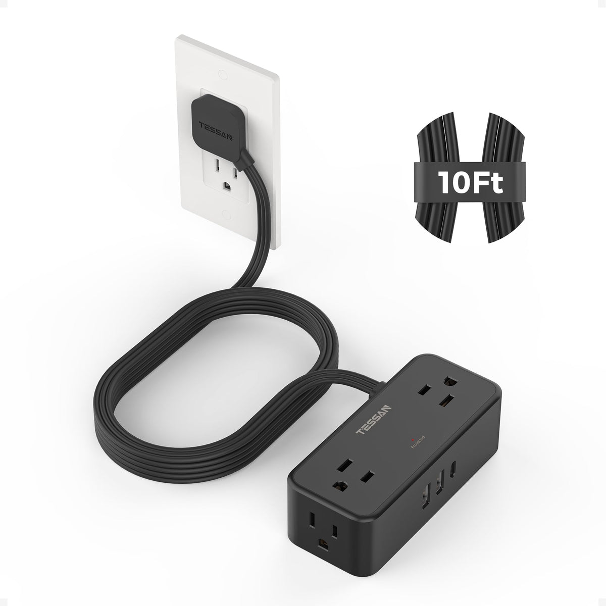 TESSAN Extension Cord 5 FT, Power Strip with 900J Surge Protection, Grey