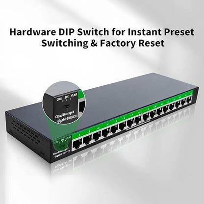 STEAMEMO 16-Port Gigabit Ethernet Switch | Smart Managed with VLAN & QoS | Plug & Play Desktop/Wall Mount Network Switch | Metal Enterprise Switch(Includes Power Adapter)
