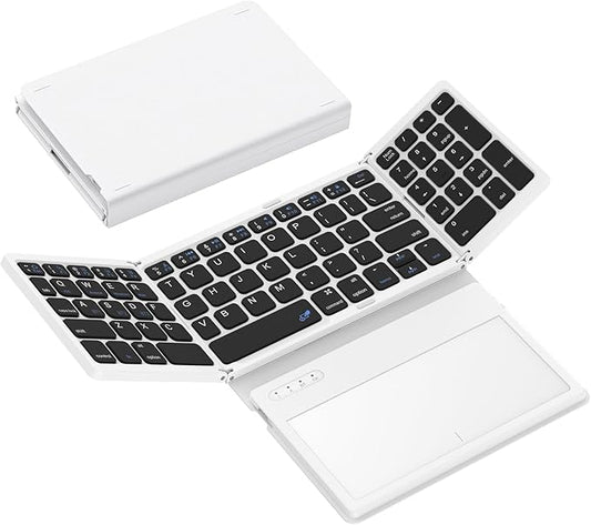 GEODMAER Foldable Bluetooth Keyboard, Portable Full Size Folding Keyboard with Large Touchpad, Numeric Keypad, PU Leather, Wireless TravelKeyboard for Windows iOS Android Mac(Black-White)