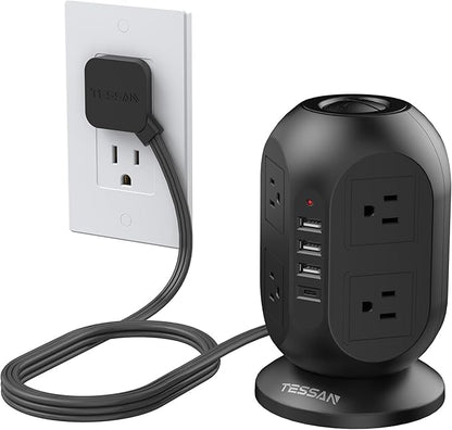 Surge Protector Power Strip Tower, TESSAN 10 ft Flat Extension Cord with Multiple Outlets, 8 AC Outlets 4 USB Ports (1 USB C), Charging Station with Surge Protection for Home Office Dorm, Black