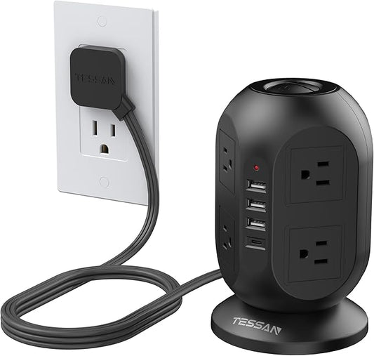 TESSAN Tower Power Strip 10 ft, Long Flat Extension Cord，Multiple Outlets