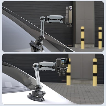 Geyo Camera Suction Cup Mount, Aluminum Alloy Multi-Function Shock Absorber Arm Stabilizer, 4" Vacuum Suction Cup, 1/4" Mounting Holes Car Mount for Insta 360 X4, for DJI Pocket 3, for GoPro, Silver