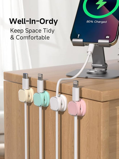 Magnetic Cable Clips, Adjustable Cord Holder Management, Adhesive Wire Keeper Organizer for Home Office Desk Phone PC Car Wall Desktop Nightstand Appliance (9-PCS White_Purple_Cyan_Apricot)
