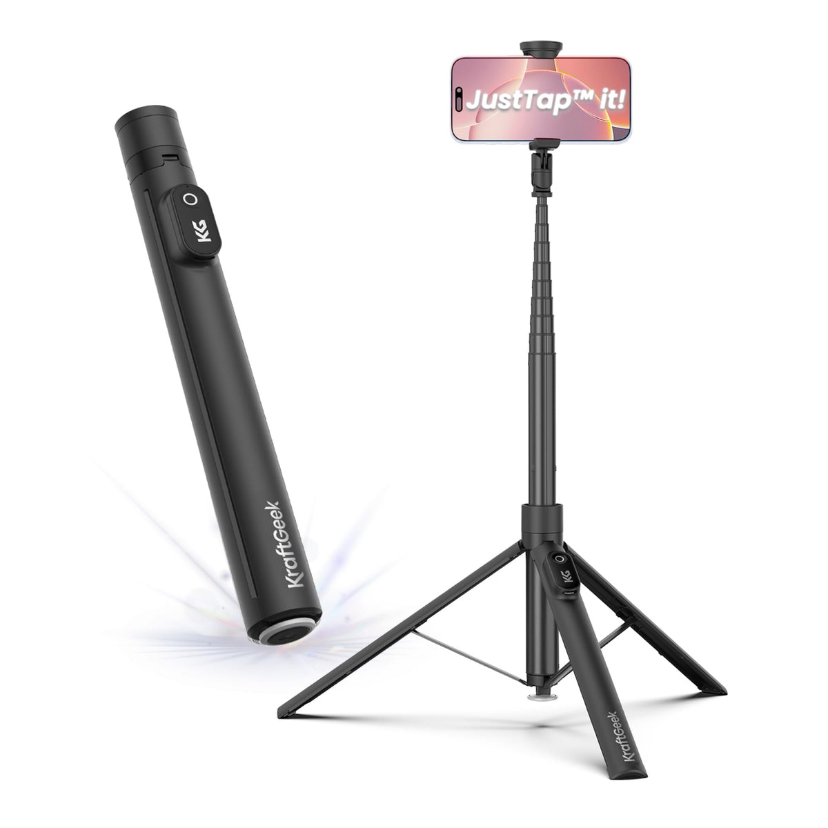 KraftGeek JustTap Phone Tripod for iPhone, Auto-Open Selfie Stick Tripod