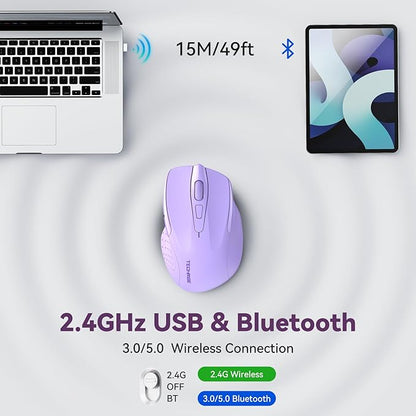 Bluetooth Mouse (BT5.0/3.0 & 2.4G) Rechargeable Wireless Mouse, 4800 DPI Optical Tracking, 6 Adjustable DPI, 2.4GHz with USB A Receiver, Quiet Clicks, Ergonomic Grips, 6 Buttons - Lavender