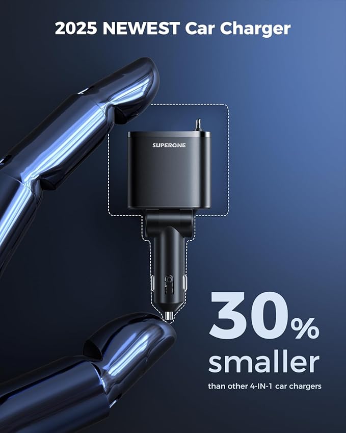 [2025 Upgraded] Retractable Car Charger, SUPERONE 69W Car Phone Charger with Cables Fast Charging, USB C Car Charger Adapter for iPhone 16 15 14 13 12, Samsung, Black
