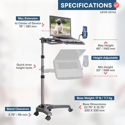 LEVO G2 V16 Mobile Laptop Stand Desk Rolling Cart with Phone Holder and Mouse Tray