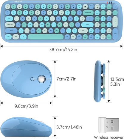 KNOWSQT Wireless Keyboard and Mouse Combo, Light Blue 100 Keys 2.4 GHz Round Keycap Typewriter Keyboards, USB Receiver Plug and Play, for Windows, PC, Laptop, Computer, Desktop