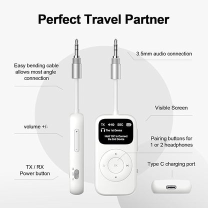 SoundSync Pro Bluetooth Transmitter & Receiver for Airplane, Easy Setup Bluetooth Audio Transceiver for 2 BT Devices, Volume Control, RCA for TV