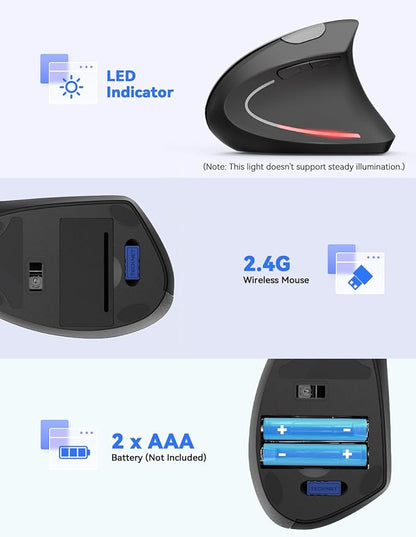 TECKNET 2.4G Ergonomic Mouse Vertical Wireless - 4800 DPI Optical Carpal Tunnel Mouse Right Hand, 5 Adjustable DPI, Quiet Clicks, 6 Buttons for Laptop, Desktop, PC, Computer - Black