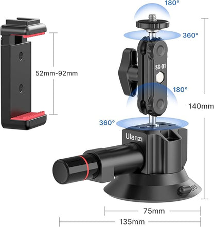 Suction Cup Mount for Action Cameras iPhone - ULANZI SC-01 3in Pump-actived Vacuum Suction Mount Magic Arm Phone Holder Action Cam Adapter Car Boats Windshield Window Mount for Action Cameras