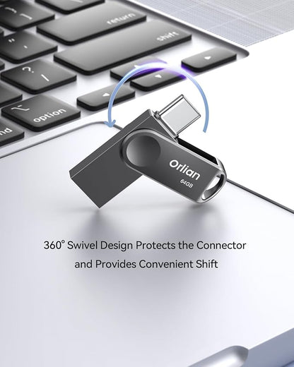 64GB USB C Flash Drive, Dual Drive USB 3.0 and Type C Thumb Drive Up to 110MB/s Read Metal Waterproof Swivel Design Portable for PC Laptop Tablet Android Smartphone iPhone 15 and More, Gray