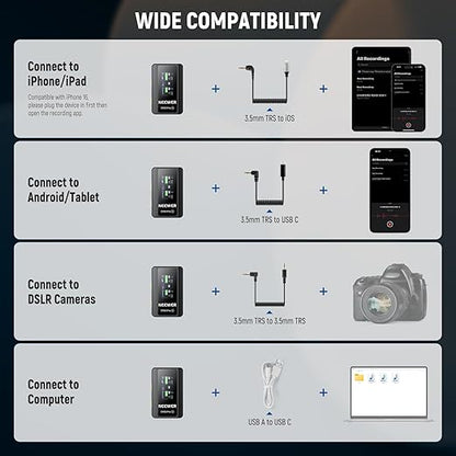 NEEWER CM28 PRO Wireless Lavalier Lapel Microphone System with Charging Case 48KHz 16 Bit Uncompressed Audio Noise Canceling 4GB Storage 9Hrs Recording Compatible with iPhone iPad Android Camera PC