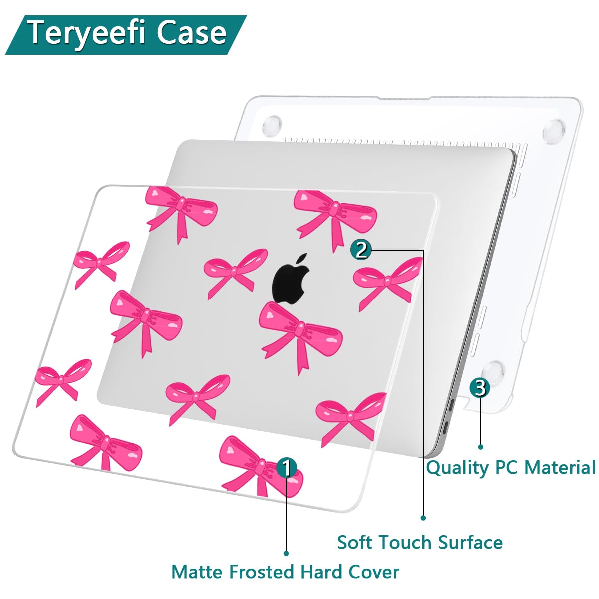 Teryeefi for MacBook Pro 13 inch Case 2024,2022-2016 Release Model M2 M1 A2338 A2289 A2251 A2159 A1989 A1706 with Touch Bar, Design Hard Shell Cover with Keyboard Cover Scren Protector, Bows-A