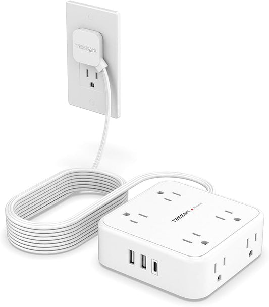 TESSAN Surge Protector Power Strip, 15 Ft Flat Plug Extension Cord with 3 USB (1 USB C 20W PD) 8 Outlets, 900J Protection, 3 Sided Outlet Extender with Power Switch for Office, Dorm Room, White