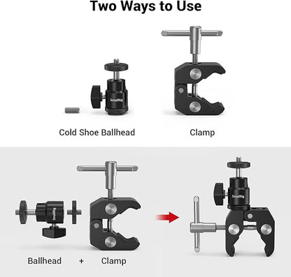 SmallRig Super Clamp Mount with Mini Ball Head Mount, Hot Shoe Adapter with 1/4 Screw for LCD Field Monitor, LED Lights, Flash, Microphone, for Gopro, for DJI Action 2, for Insta360
