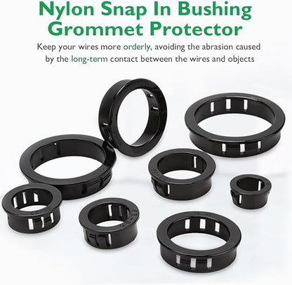 160 Pcs 6 Sizes Cable Snap-in Knockout Insulating Bushing Grommets Assortment Kit, 5/16, 3/8, 1/2, 5/8, 3/4, 1 Black Nylon Plastic Hole Grommets for Wiring, Wire Cord Hose Tubing Protector