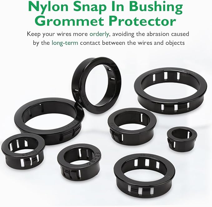 225 Pcs 8 Sizes Cable Snap-in Knockout Insulating Bushing Grommets Assortment Kit, 5/16, 3/8, 1/2, 5/8, 11/16, 3/4, 7/8, 1 Black Nylon Plastic Hole Grommets for Wiring, Cord Hose & Tubing