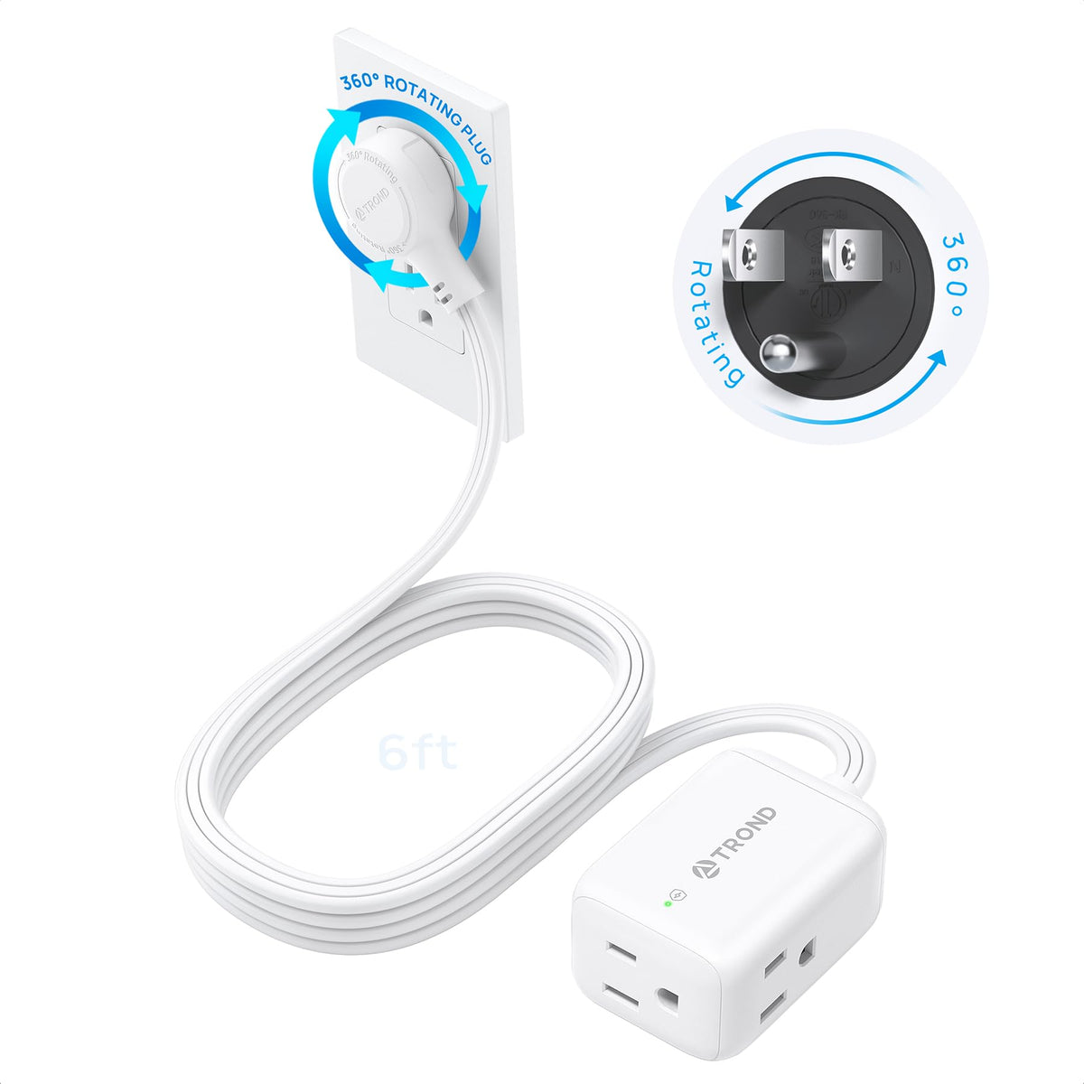 TROND Rotating Flat Plug Extension Cord Surge Protector 1.5ft, 3 AC, White